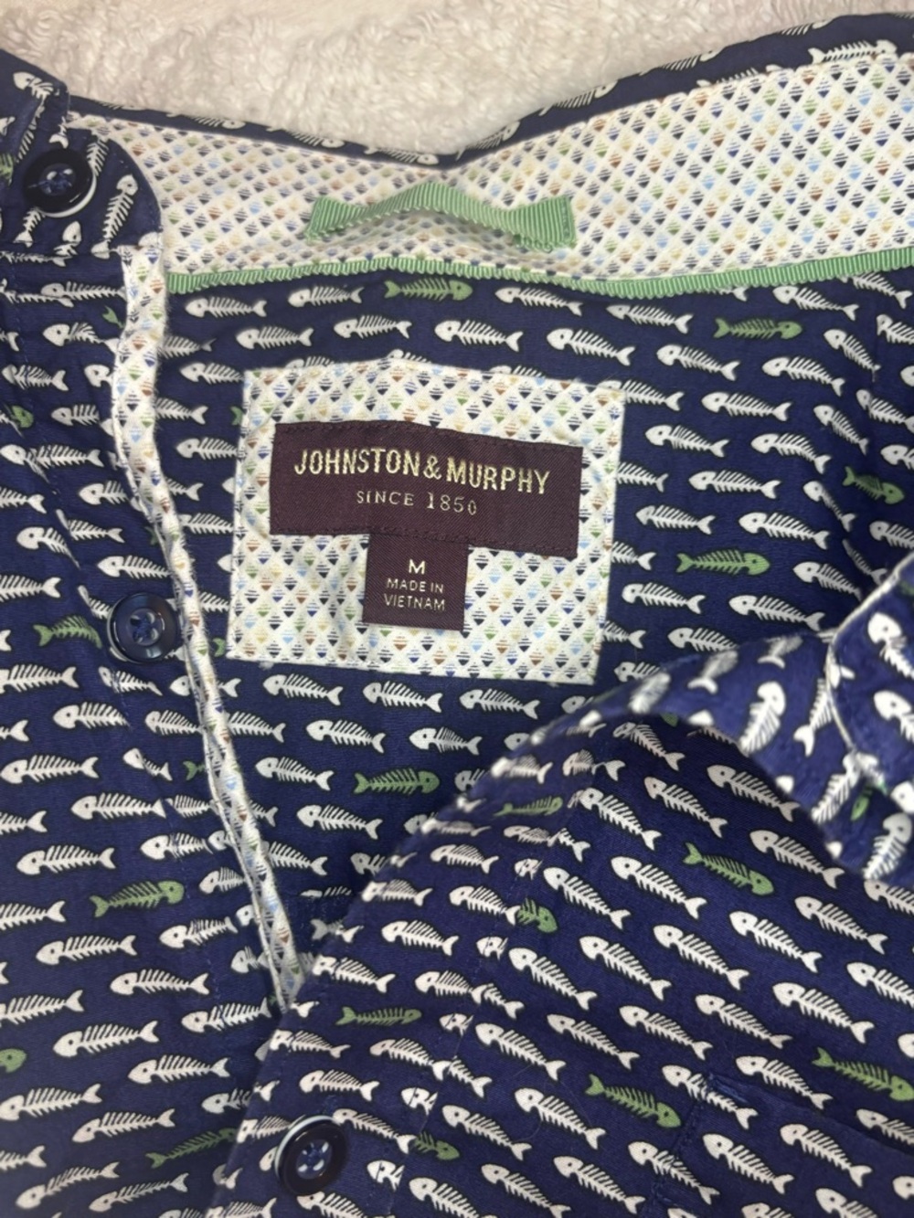 Johnston & Murphy Navy Short-Sleeve Button-Down, Fish Bone Print - Picture 2 of 16